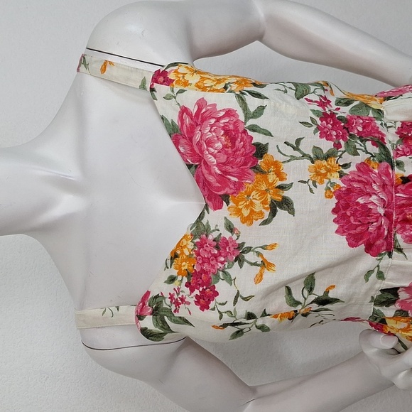 Cynthia Rowley Preppy Floral 100% Linen Sleeveless Coquette V-Neck Dress Size 6 - Picture 3 of 9